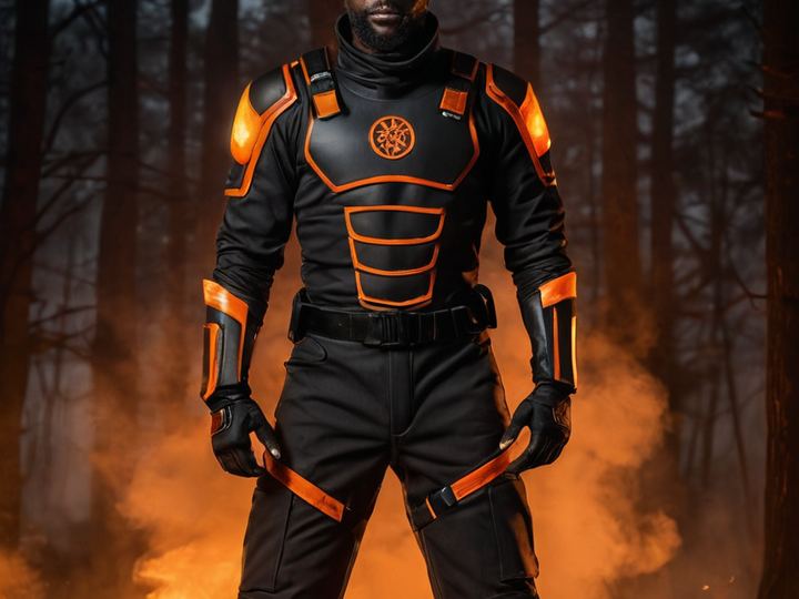 Emberline, an original hero in a charcoal suit with glowing ember-orange seams, in front of a smoky forest