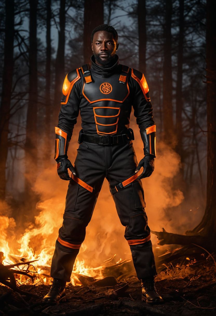 Emberline, an original hero in a charcoal suit with glowing ember-orange seams, in front of a smoky forest