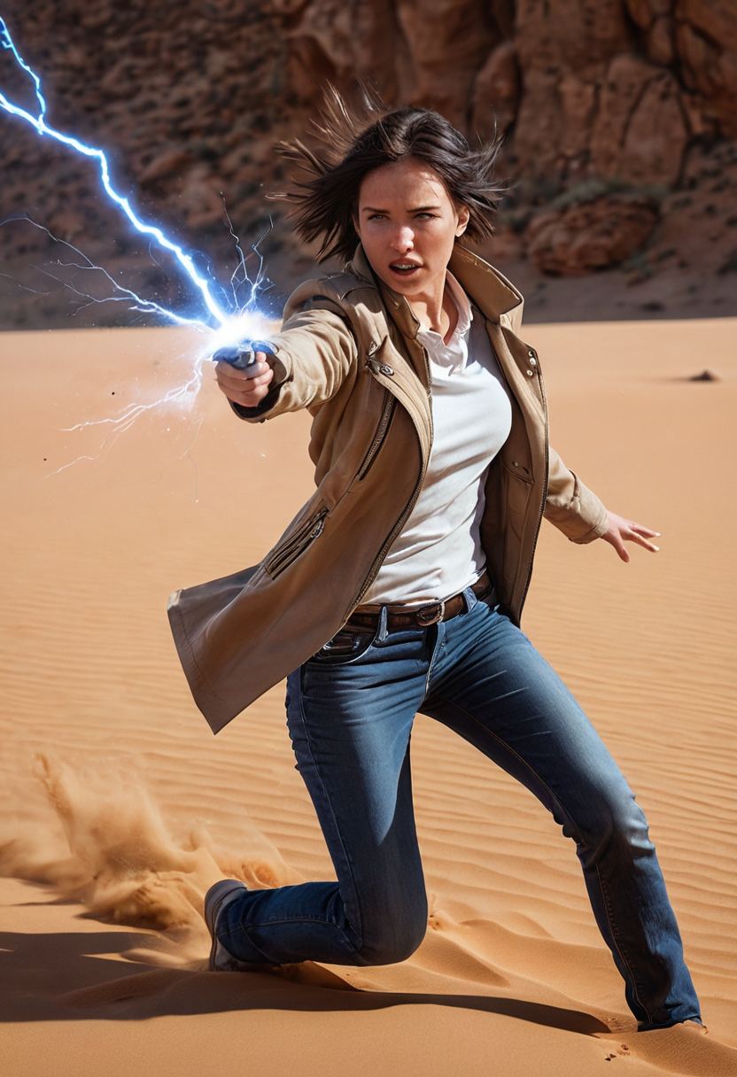 A bolt of blue lightning striking the desert beside a woman shielding her face
