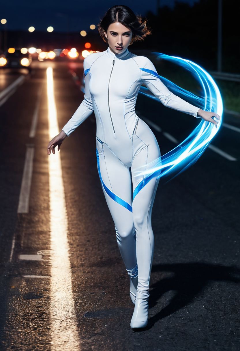 A streak of blue-white light racing along a night highway