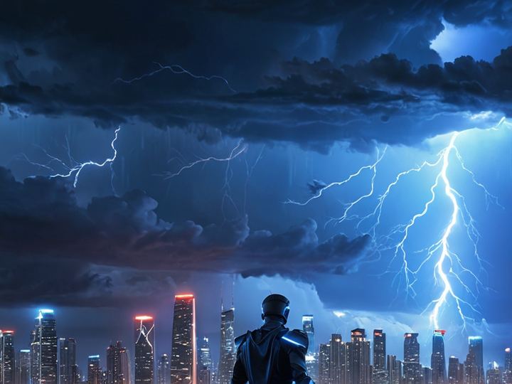 The skyline of Marrow Bay, the Next Level Universe's city, under a storm
