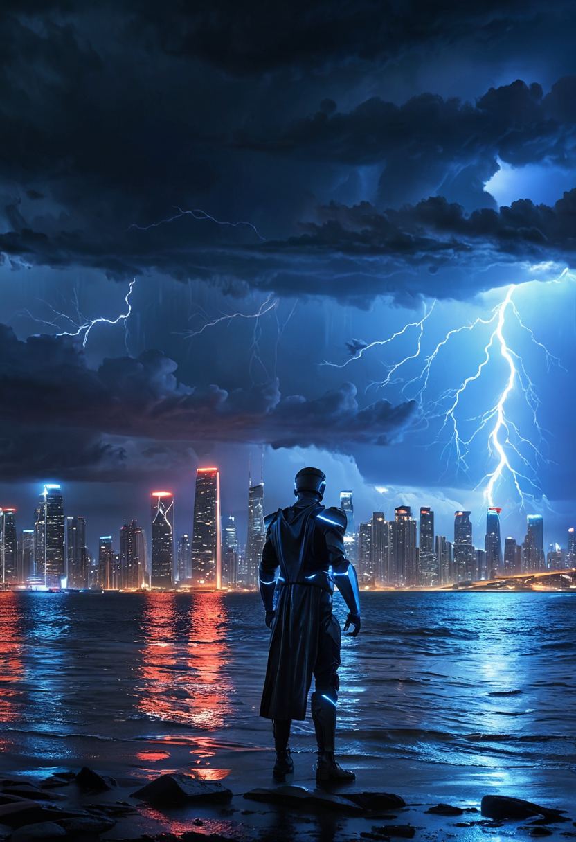 The skyline of Marrow Bay, the Next Level Universe's city, under a storm