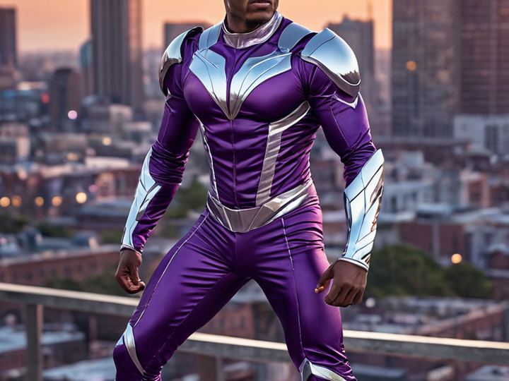 Orbital, an original hero in a violet and silver flight suit, floating on a disc of violet energy