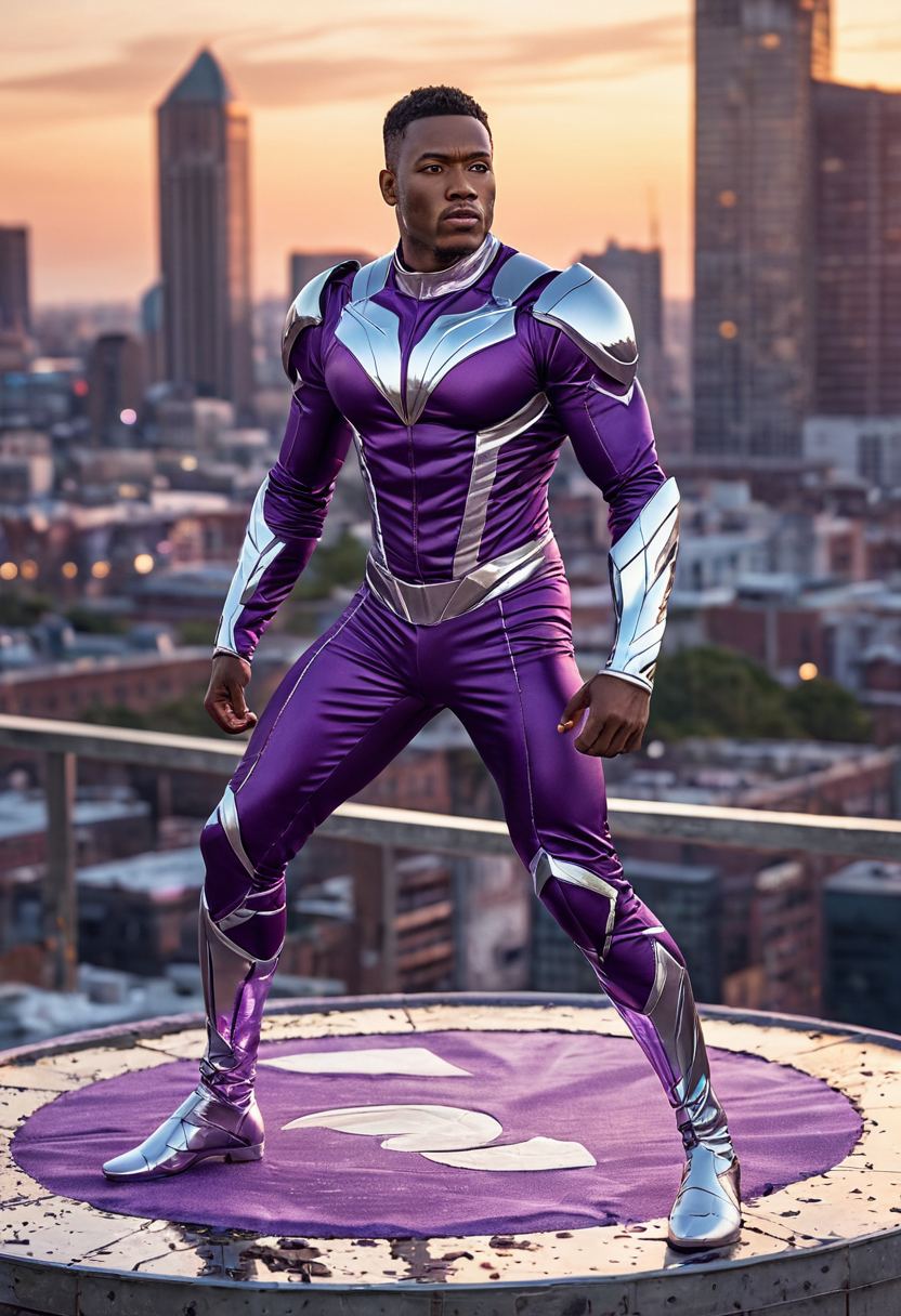 Orbital, an original hero in a violet and silver flight suit, floating on a disc of violet energy