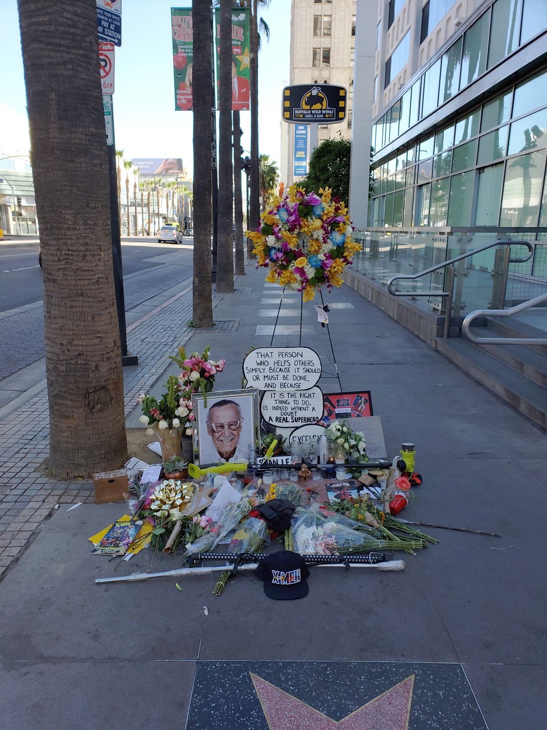 Flowers around Stan Lee's star on the Hollywood Walk of Fame